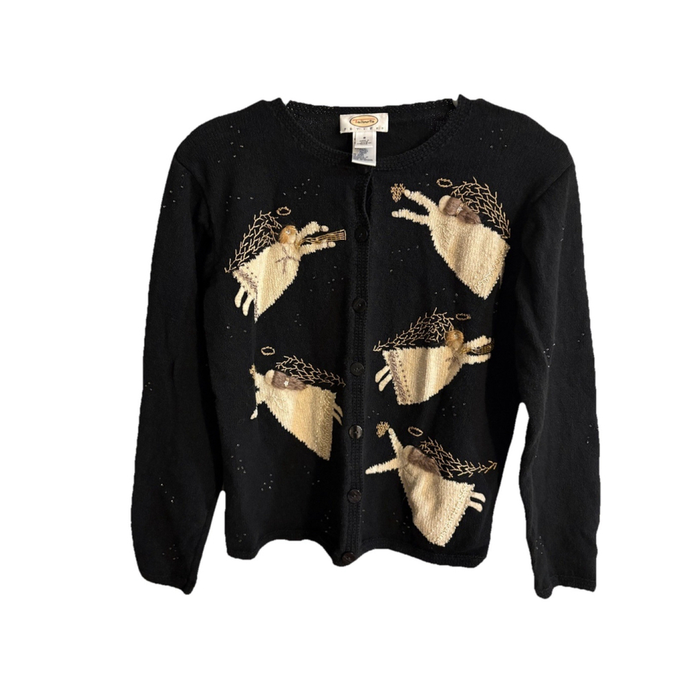 Vintage Button Up Cardigan Sweater Black Angels Embroidery Beaded P Sm - Picture 3 of 10